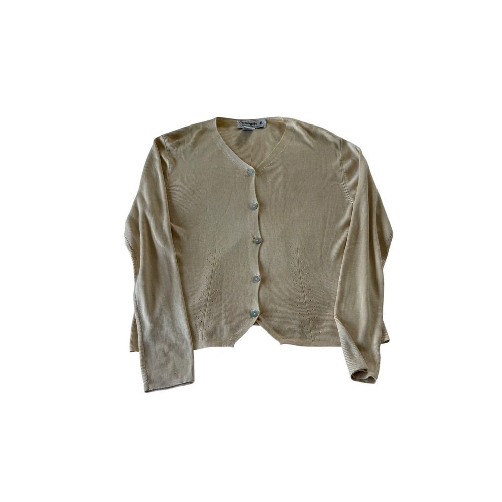 Joseph A. 100% Silk Cardigan Champagne Beige V-Neck Pointelle Knit Sweater L